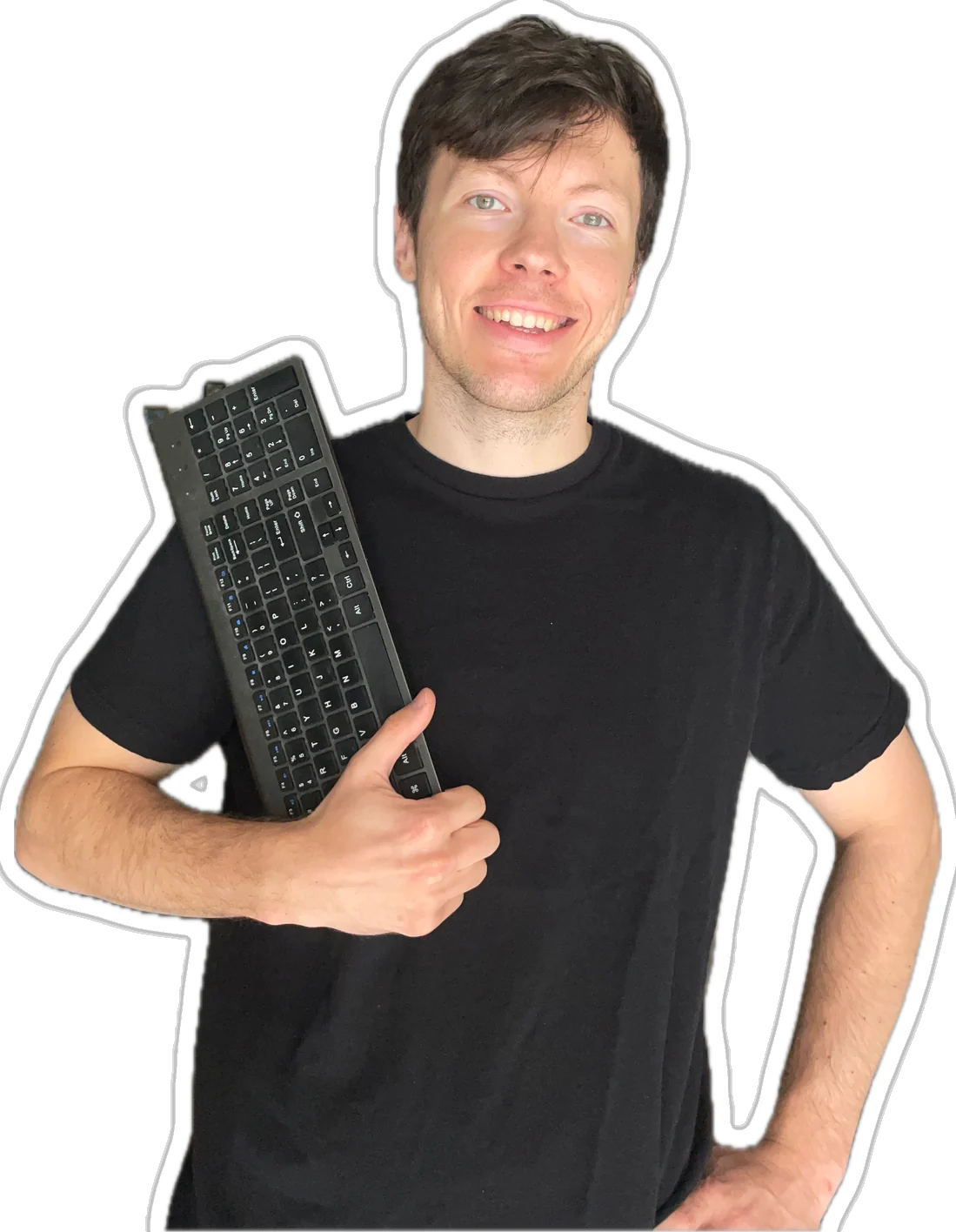 Leo, the owner of Adriatic Digital, smiling with a thumbs up and a keyboard under his arm