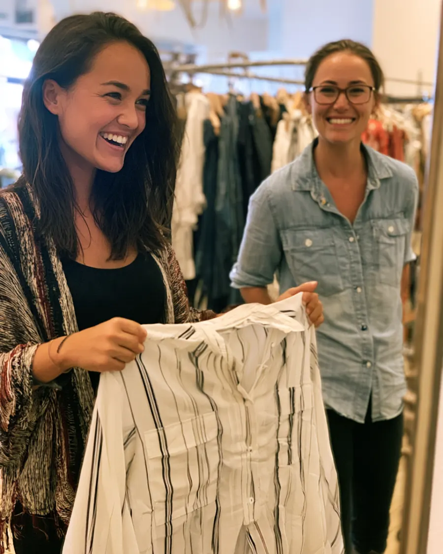 A happy customer in the boutique