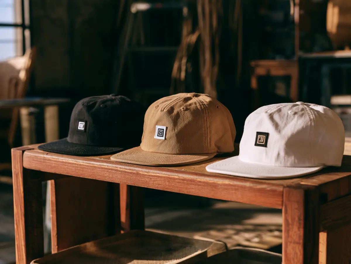 Black, tan and white caps with patches on a shelf