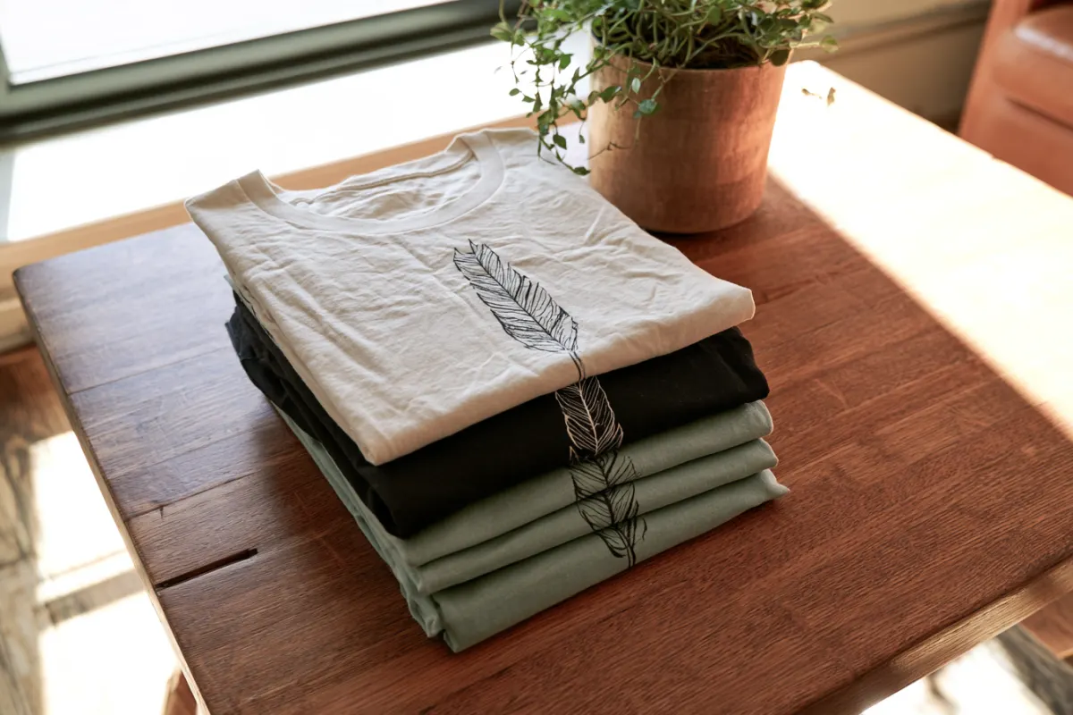 Stack of line art tees on a wooden table