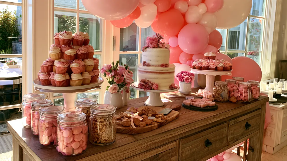 A dessert table with a tiered cake, cupcakes and jars of sweets under pink balloons