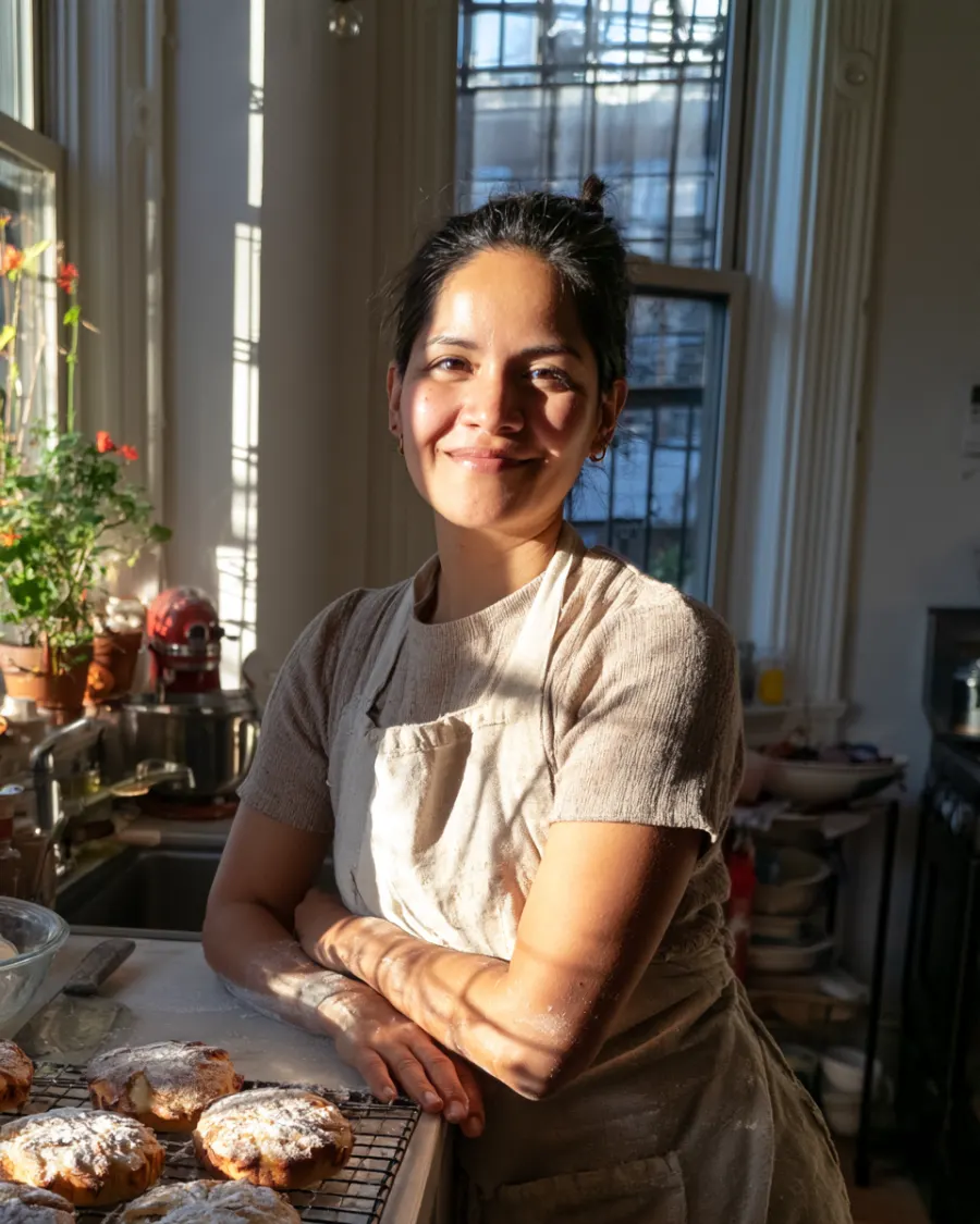 Lucía, the baker, in her kitchen next to a rack of fresh bakes