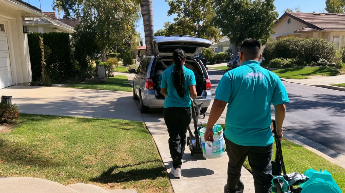 Two Brightside cleaners carrying supplies up a front walkway