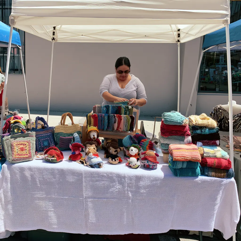 The market table full of crocheted bags, animals and blankets