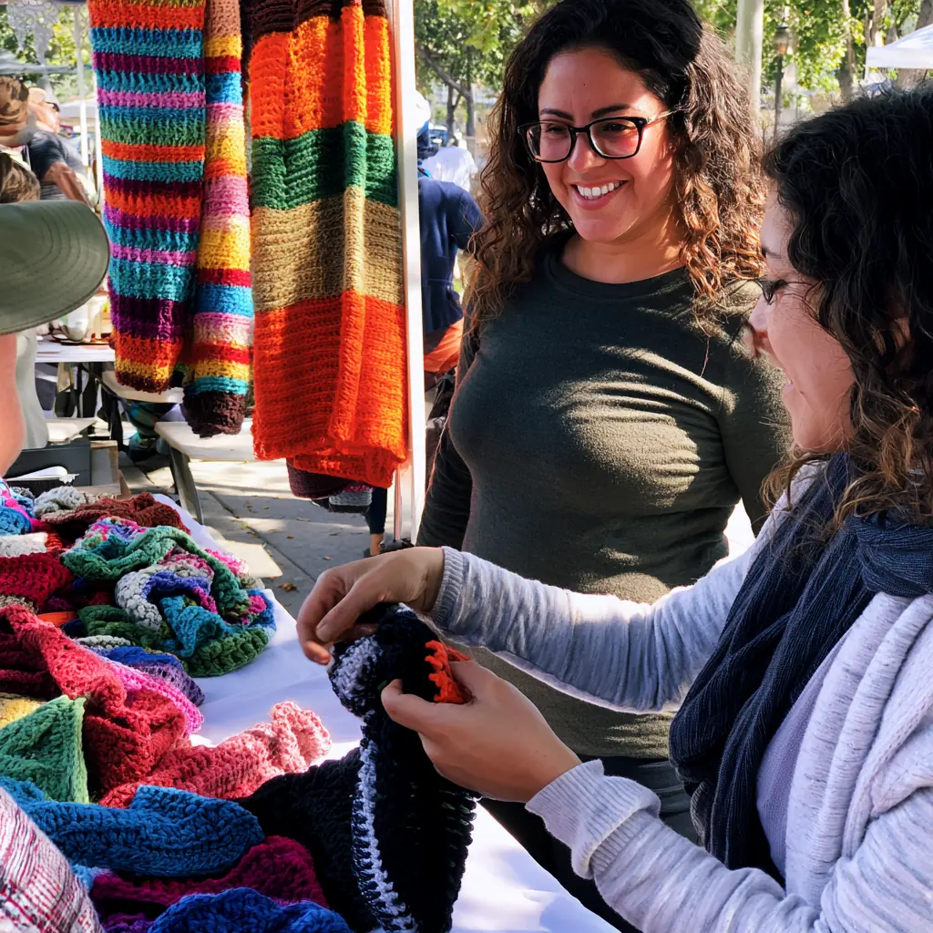 Rosa laughing with a customer who is looking at a crocheted piece