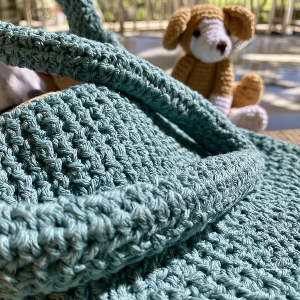 Close-up of a teal crocheted bag with a stuffed puppy behind it