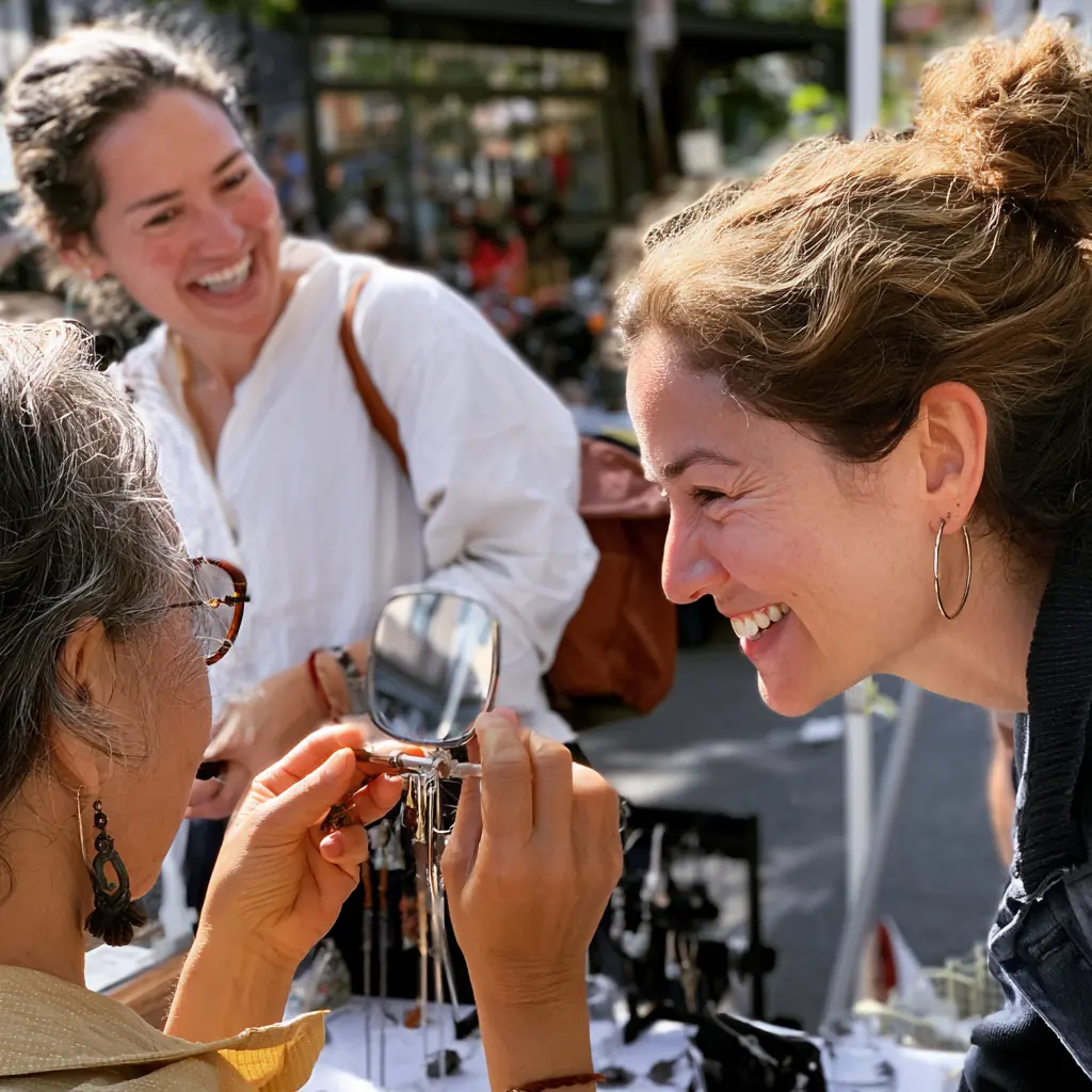 A customer trying on earrings with a hand mirror at the booth