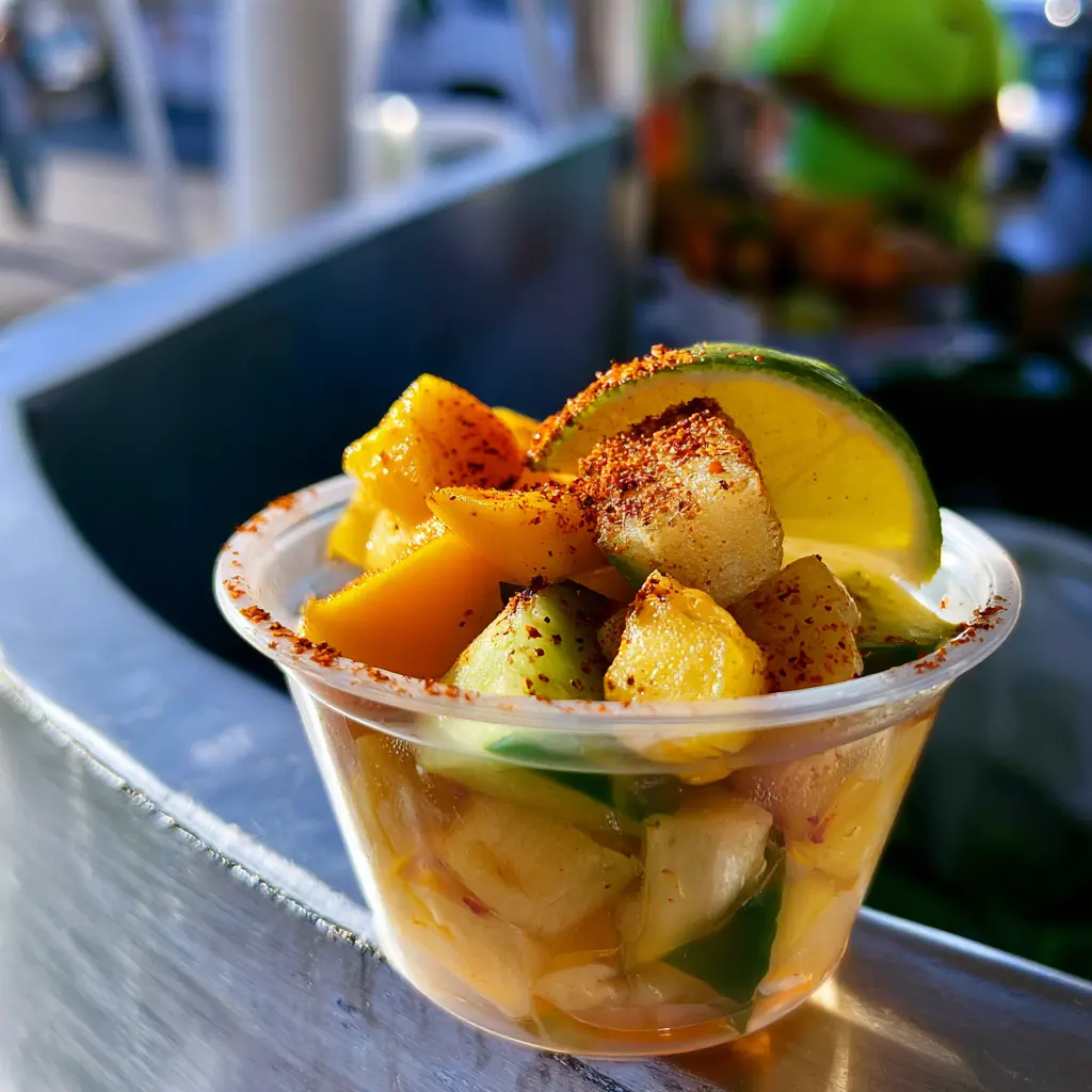 A cup of mango, pineapple and cucumber with chile powder and lime