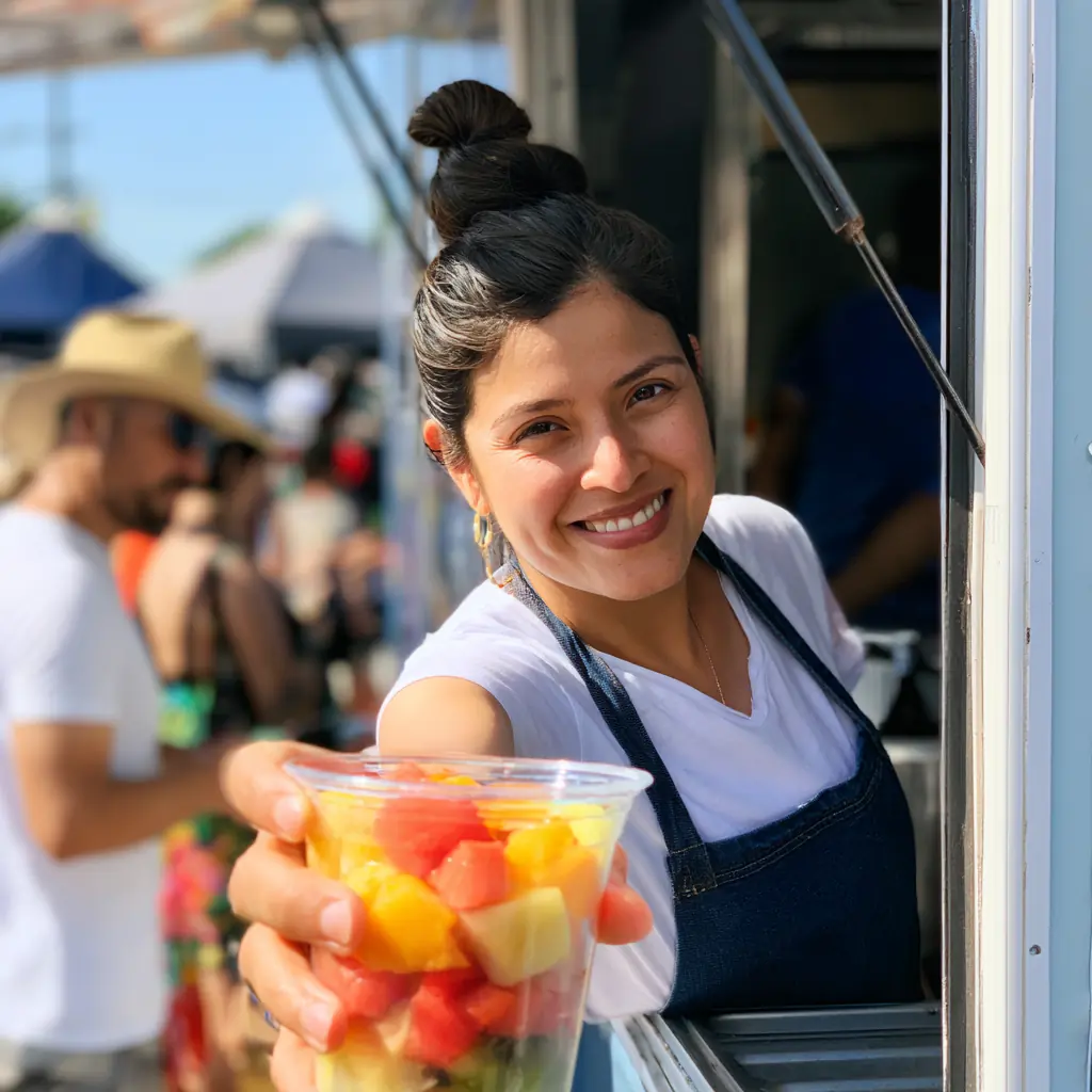 Lupita holding a fruit cup out of the van window