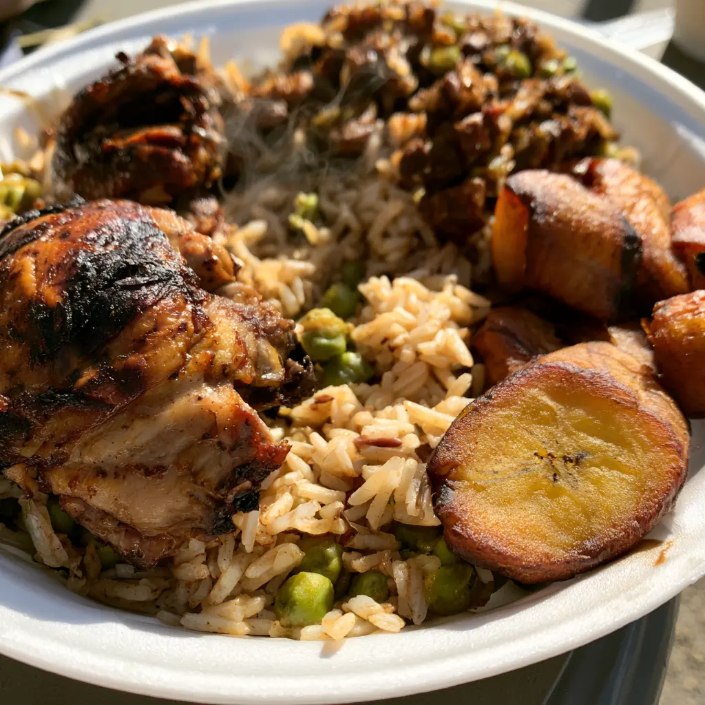 A plate of jerk chicken, rice and peas and fried plantains