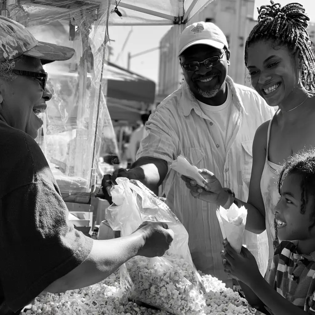 Black and white photo of the family filling a bag while a regular looks on