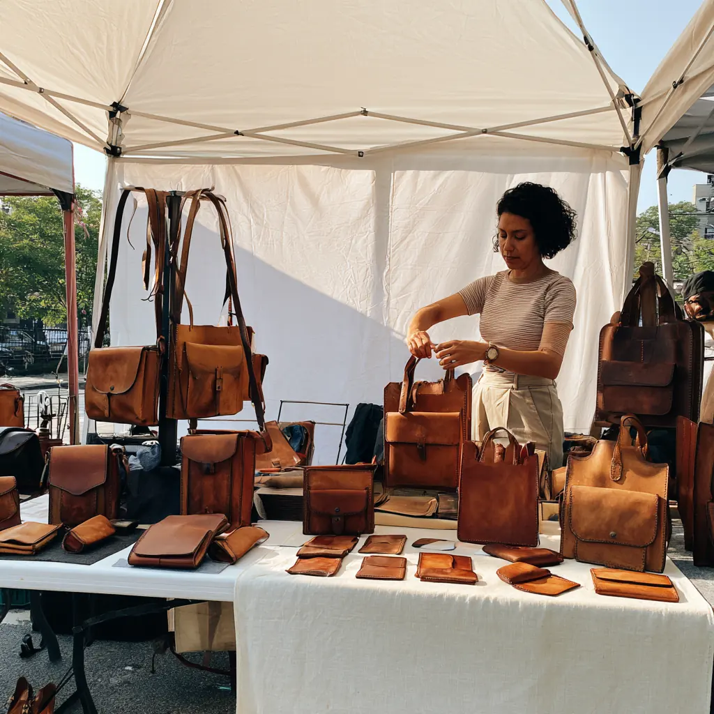 Marisol hanging leather bags at her market tent