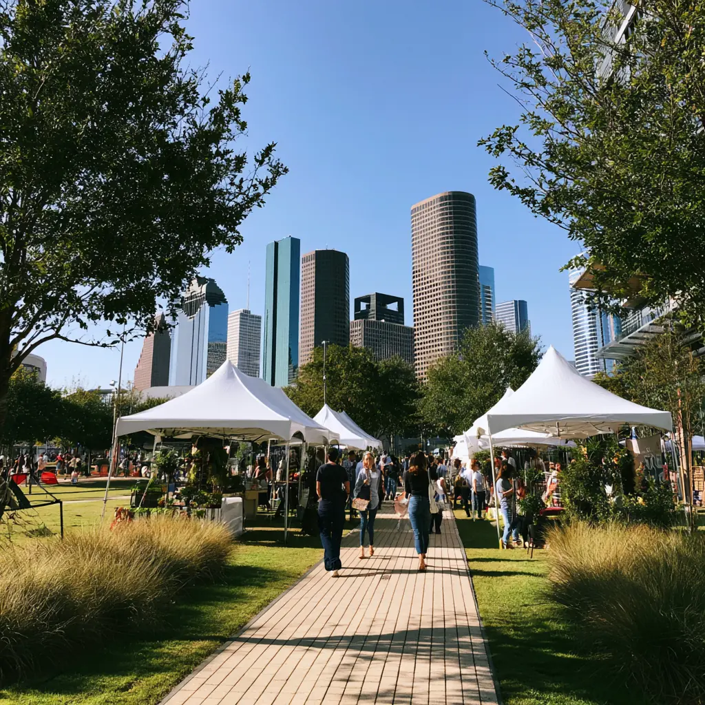 Market tents at Discovery Green on a sunny day