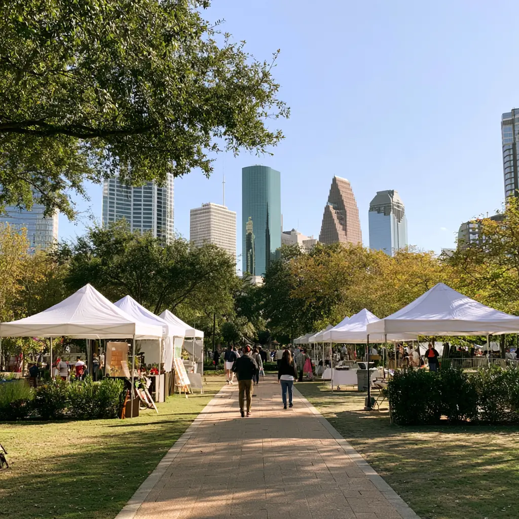 White market tents at Discovery Green with the downtown skyline behind