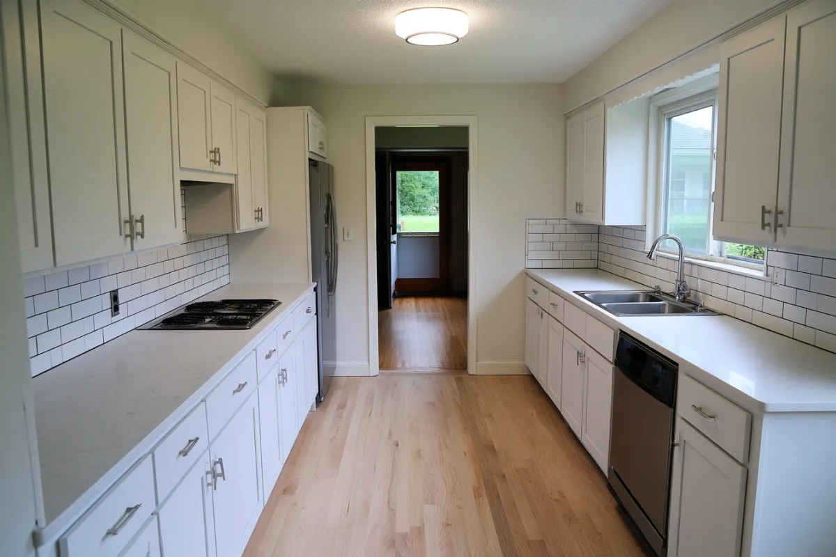 The same kitchen remodeled with white shaker cabinets, subway tile, quartz counters and oak floors