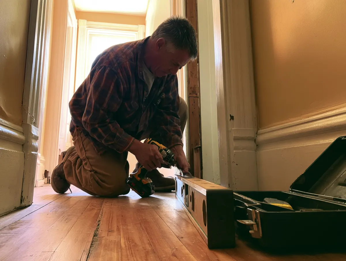 A handyman kneeling to repair a door frame with a drill and level