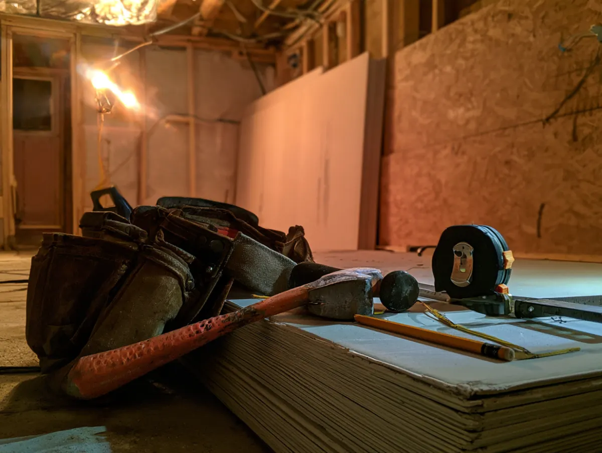 A tool belt, hammer and tape measure on a stack of drywall