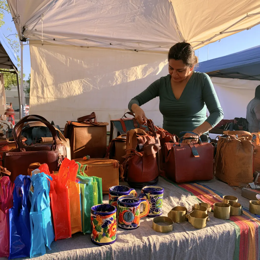 Carmen arranging leather bags, colourful totes and Talavera mugs on her market table