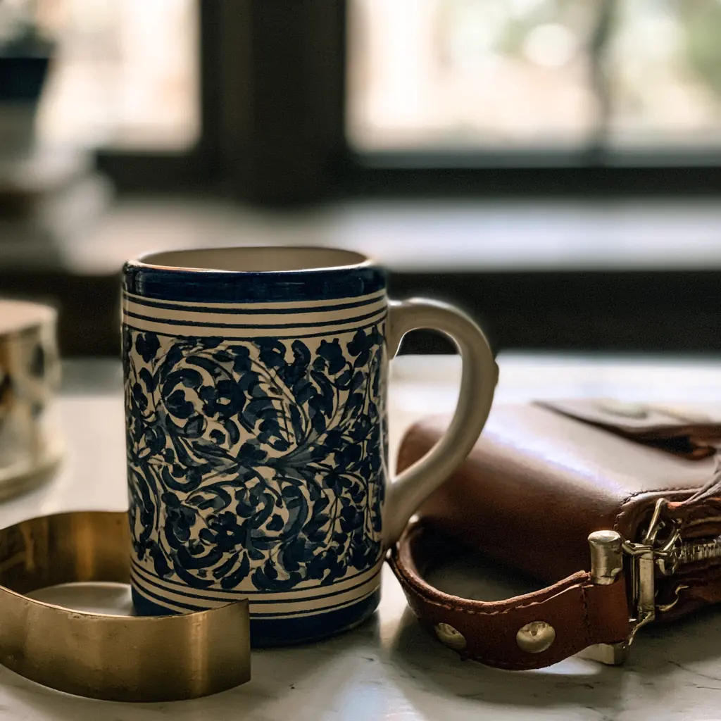 A blue and white Talavera mug next to a brass cuff and a leather bag